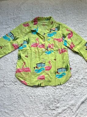 Nick & Nora Pajama Top Womens M Green Flamingo Backyard Pool BBQ Tropical